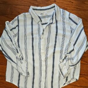 FREE PEOPLE YOUNG HEARTS CREAM/BLUE STRIPED BUTTON FRONT SHIRT sz XL